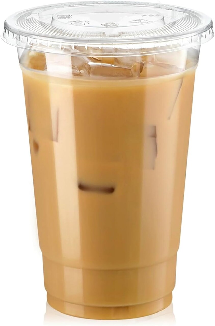 100 Pack 20 oz Clear Plastic Cups with Flat Lids, Disposable Iced Coffee Cups, BPA Free Premium Crystal Smoothie Cup for Party, Lemonade Stand, Cold Drinks, Juice, Milkshake